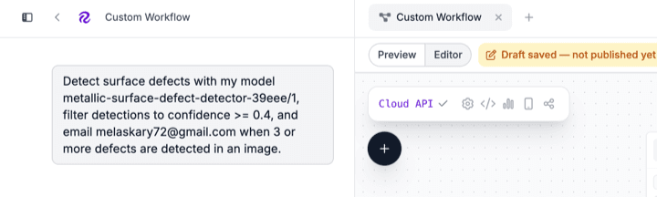 Roboflow workflow canvas showing the inference pipeline: input image into the object detection model, into a detections filter block, into an email notification block.